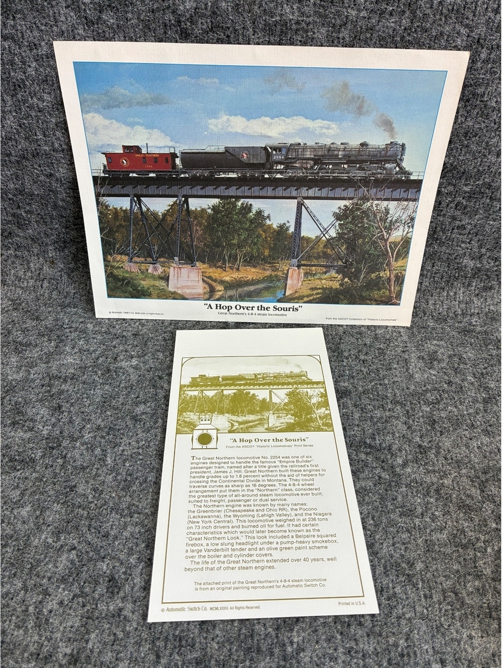 Vintage 'A Hop Over the Souris' Great Northern 4-8-4 Steam Locomotive Print 1985